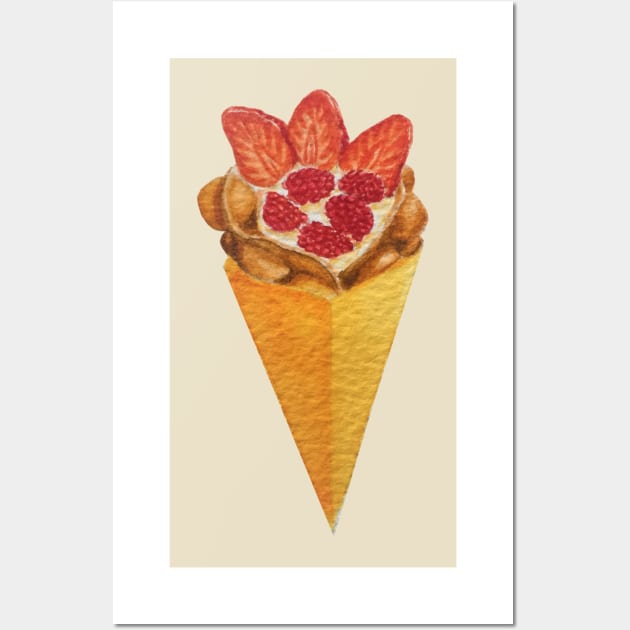 Bubble waffle ice cream cone with strawberries and raspberries watercolour painting Wall Art by toffany's